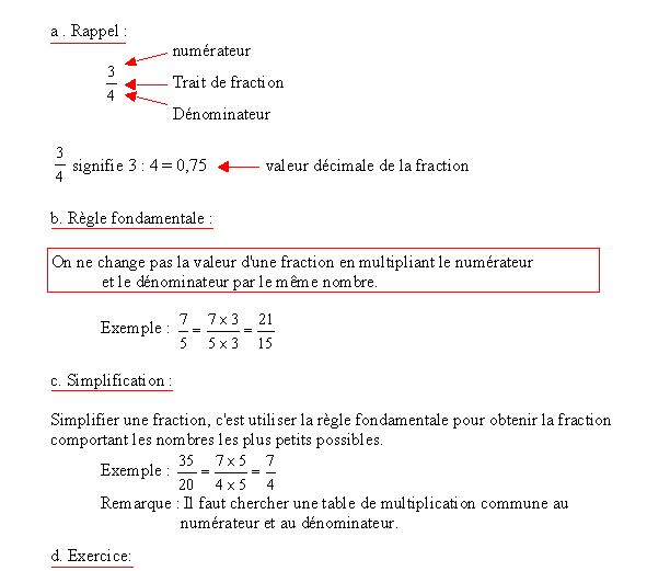 La rgle fondamentale des fractions est la mme que celle des divisions : 
On peut multiplier le diviseur et le dividende par le mme nombre sans changer le quotient.  